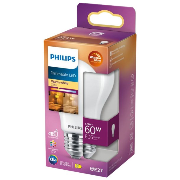 Pære LED 5,9W Glas (806lm) Dimmable - E27 - Philips 